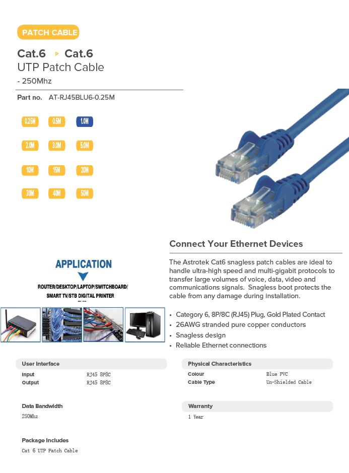 ASTROTEK 0.25M BLUE ETHERNET PATCH CABLE - FAST NETWORK LINK