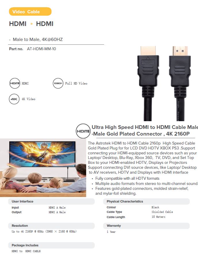 ASTROTEK 10M HDMI CABLE FOR CRYSTAL CLEAR 4K VIDEO