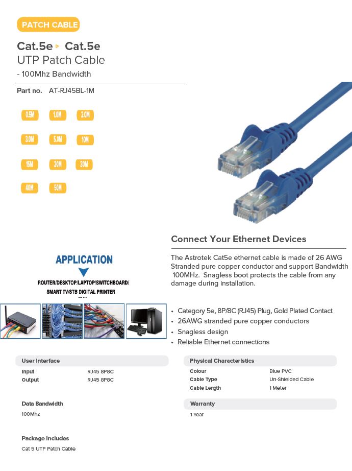 ASTROTEK 1M BLUE ETHERNET CABLE - FAST NETWORK CONNECTION