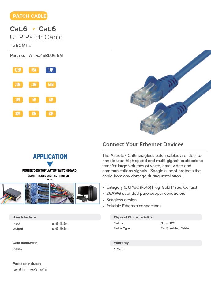 ASTROTEK 5M BLUE ETHERNET CABLE - FAST NETWORK CONNECTION