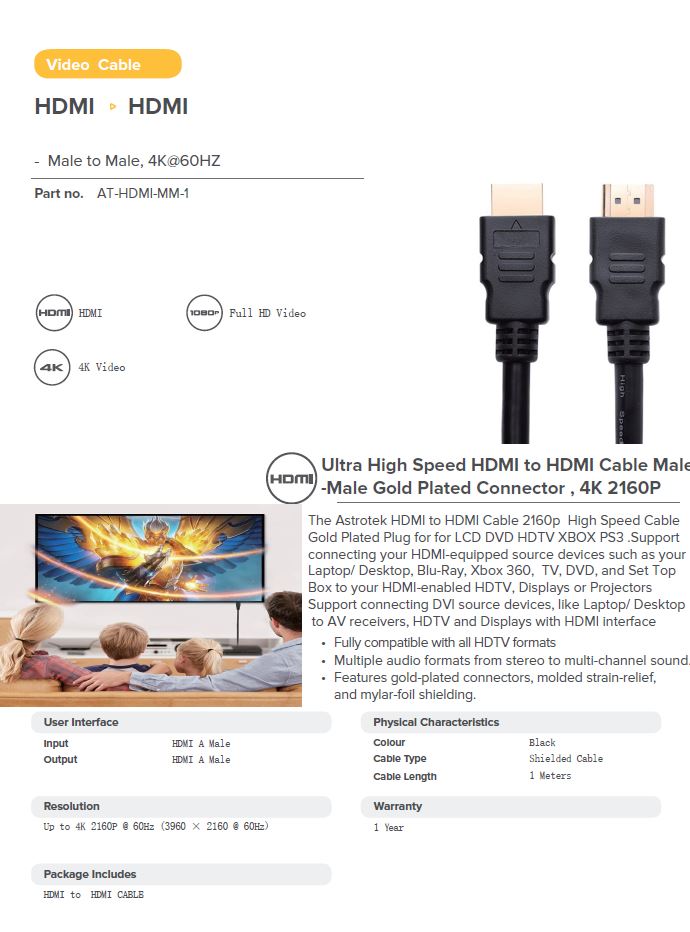ASTROTEK 1.5M HDMI TO HDMI CABLE - HIGH SPEED FOR CLEAR VIEWING