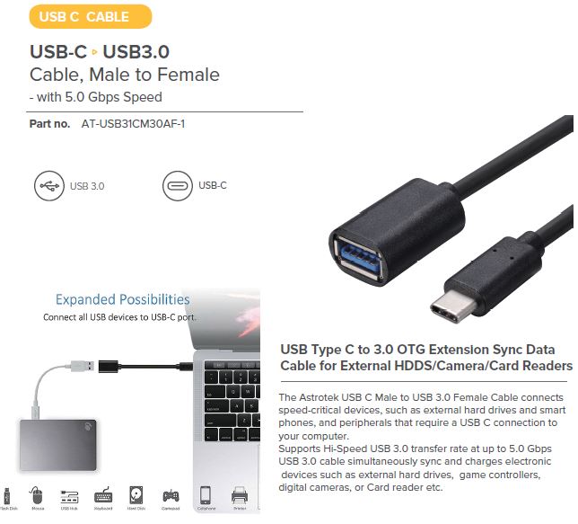 ASTROTEK 30CM USB 3.1 TYPE-C TO USB-A MALE CABLE
