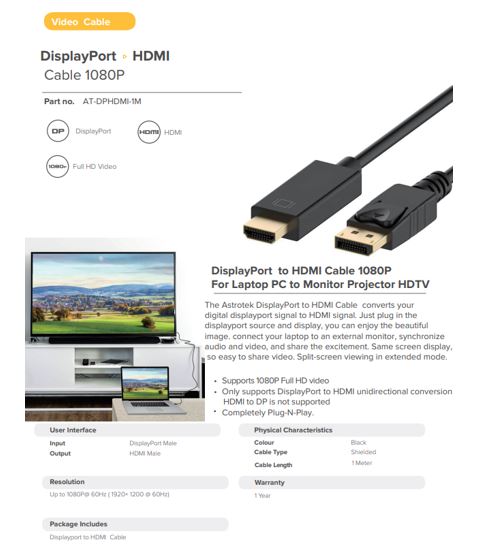 ASTROTEK HDMI TO DISPLAYPORT ADAPTER CABLE 4K SUPPORT
