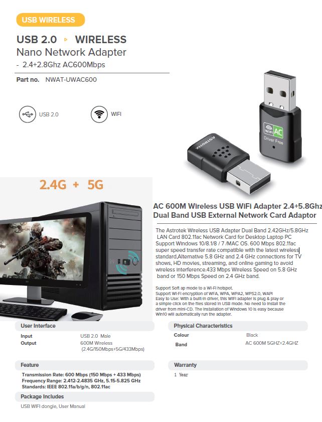 ASTROTEK BLUETOOTH 5.0 USB ADAPTER FOR PC & LAPTOP