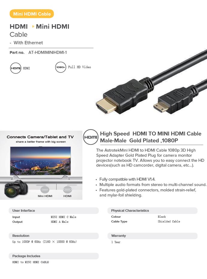 ASTROTEK MINI HDMI TO HDMI ADAPTER CABLE FOR DEVICES