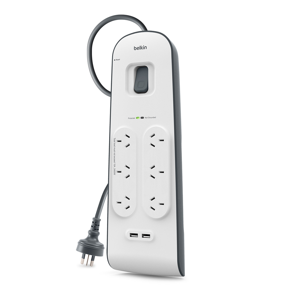 BELKIN 6-OUTLET SURGE PROTECTOR WITH 2 USB PORTS - WHITE