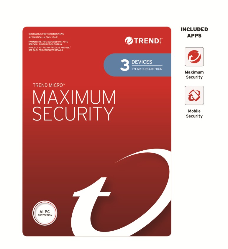 TREND MICRO MAXIMUM SECURITY 1 LICENSE PC/MAC SOFTWARE