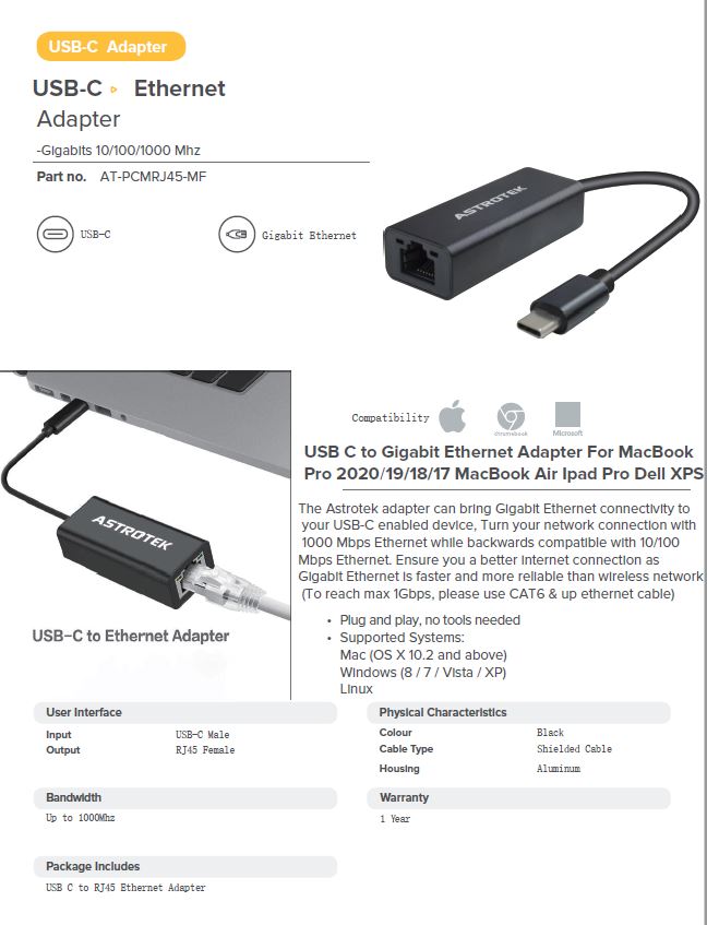 ASTROTEK USB-C TO RJ45 ETHERNET ADAPTER FOR RELIABLE CONNECTION