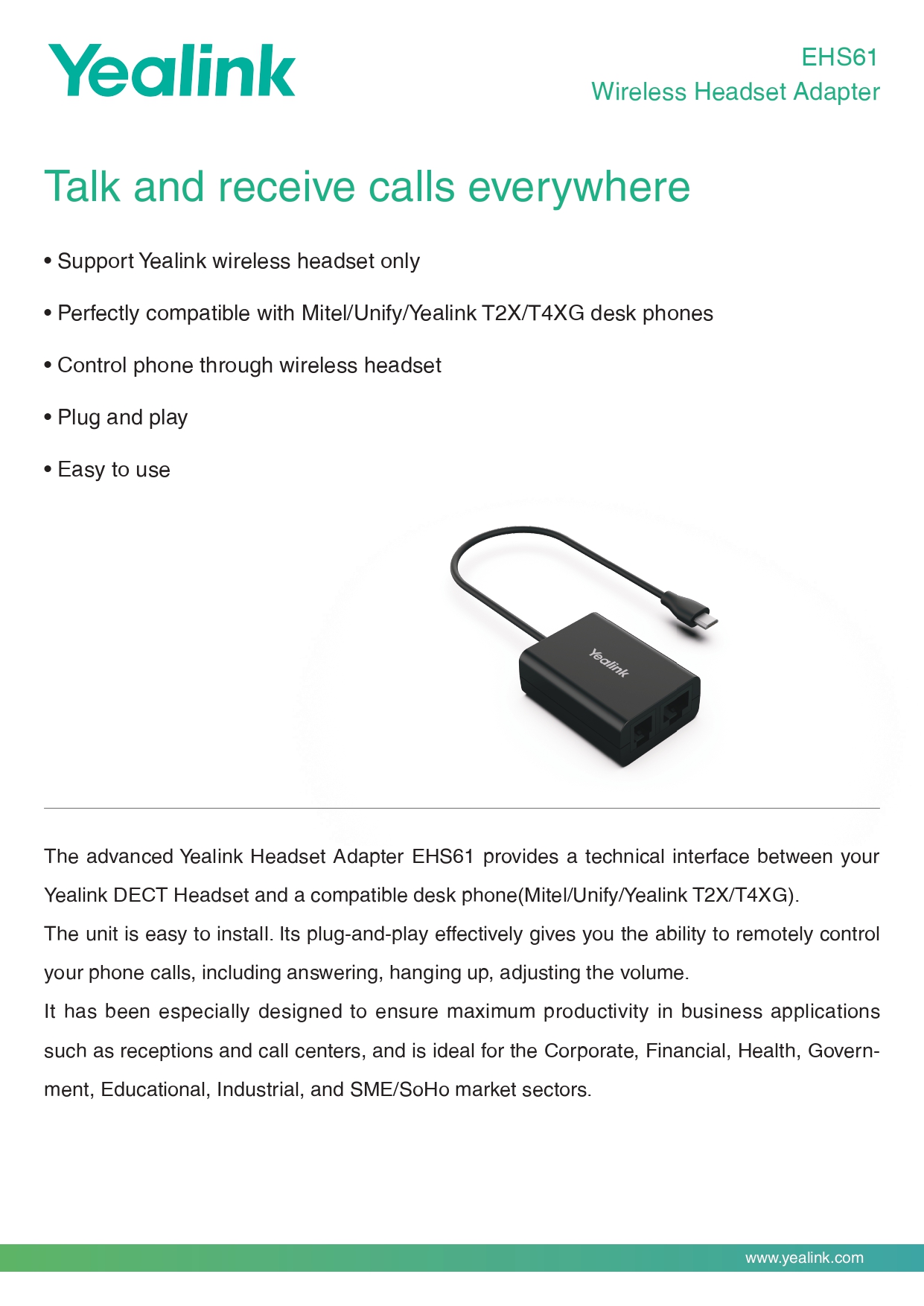 YEALINK EHS61 HEADSET ADAPTER FOR SEAMLESS DESK PHONE CALLS