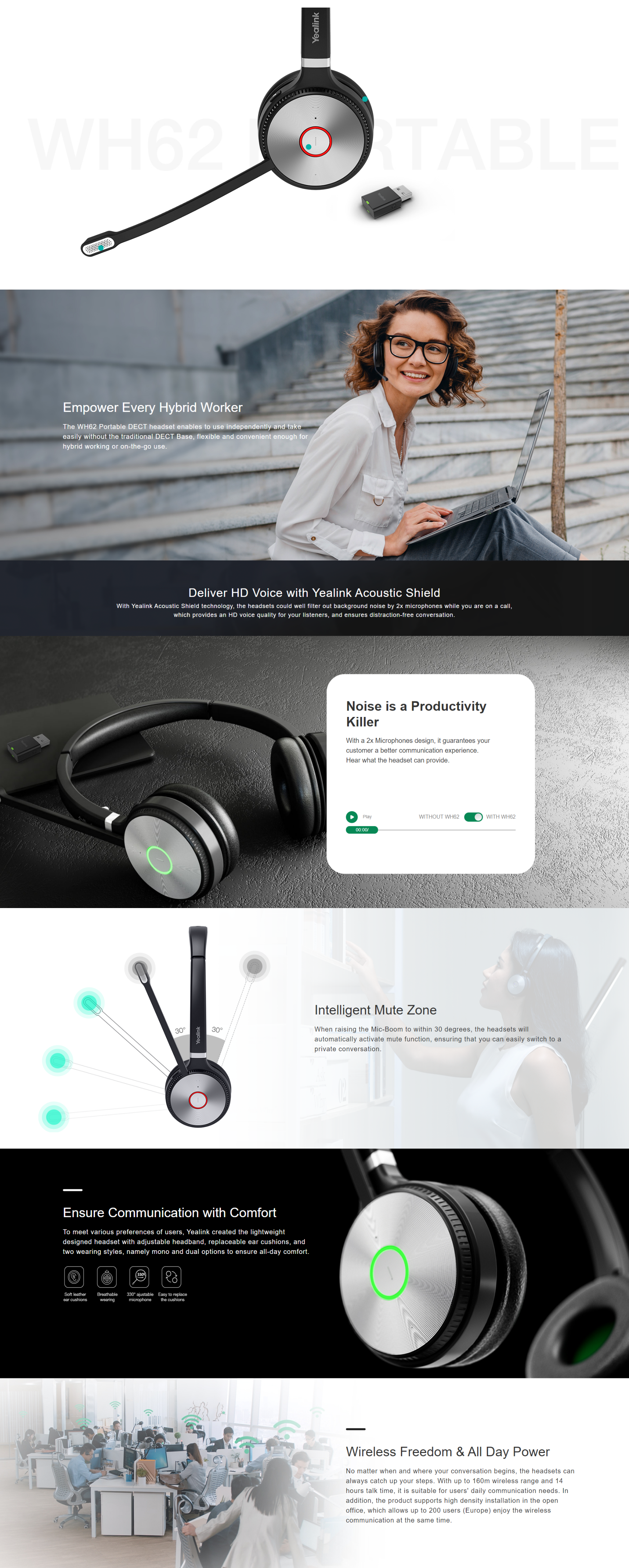 YEALINK WH62 DECT WIRELESS HEADSET FOR DESK PHONES